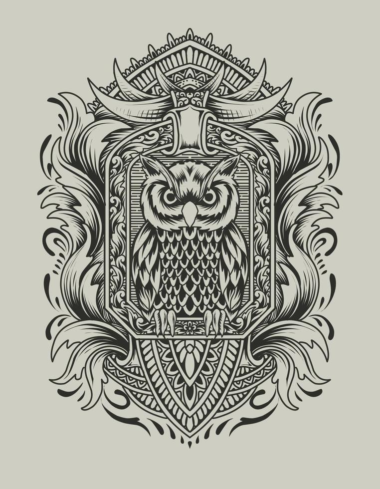 Illustration vector Owl bird with vintage engraving ornament