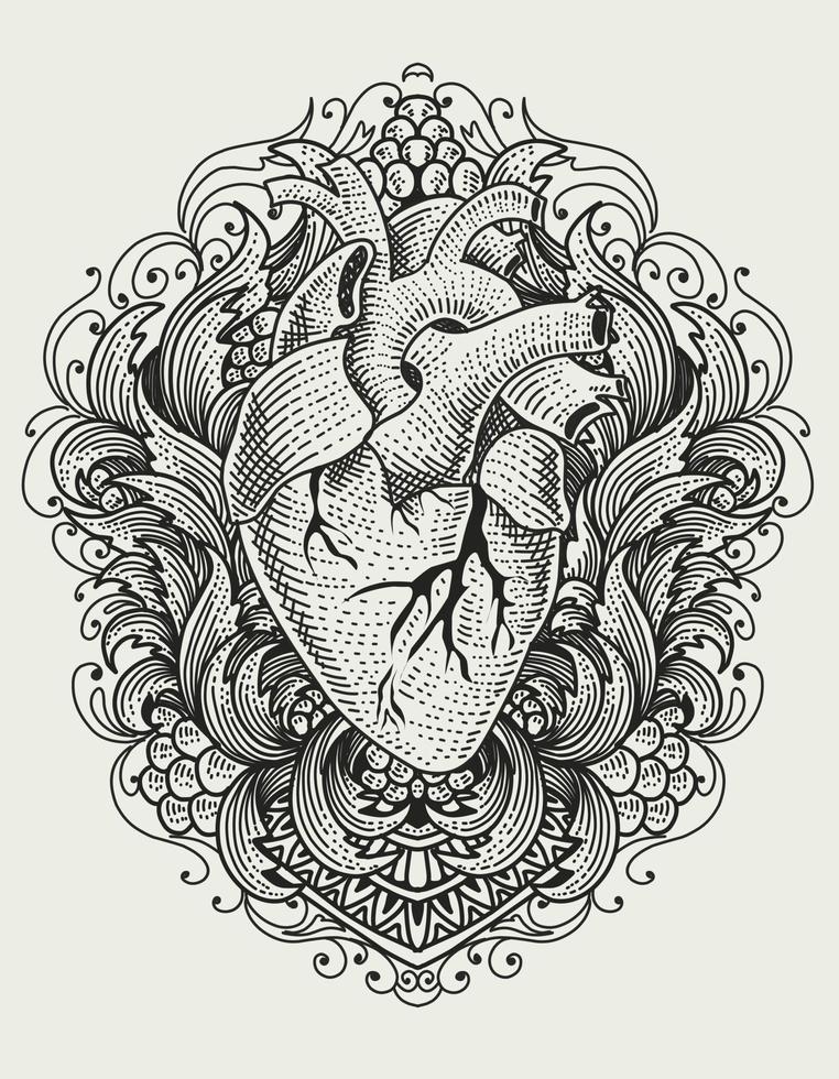 Illustration vector heart with engraving vintage ornament