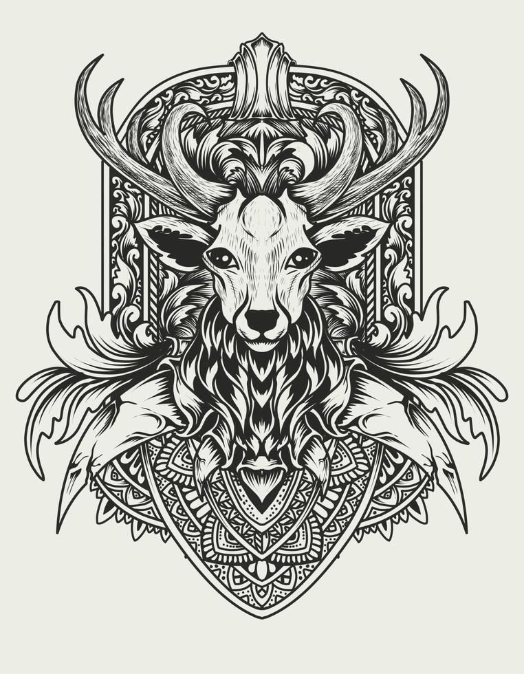 Illustration vector Deer head with vintage engraving ornament