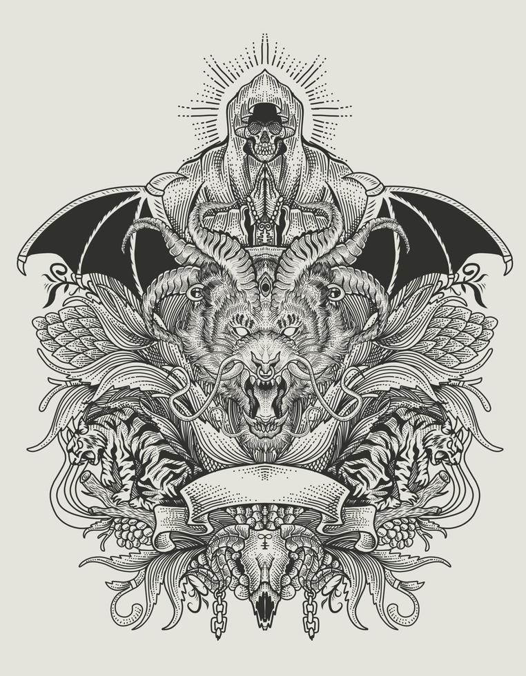 Ilustración vectorial de dibujo a mano alzada, cabeza de dragón con dos tigre y ángel de la muerte en el patrón de grabado vector