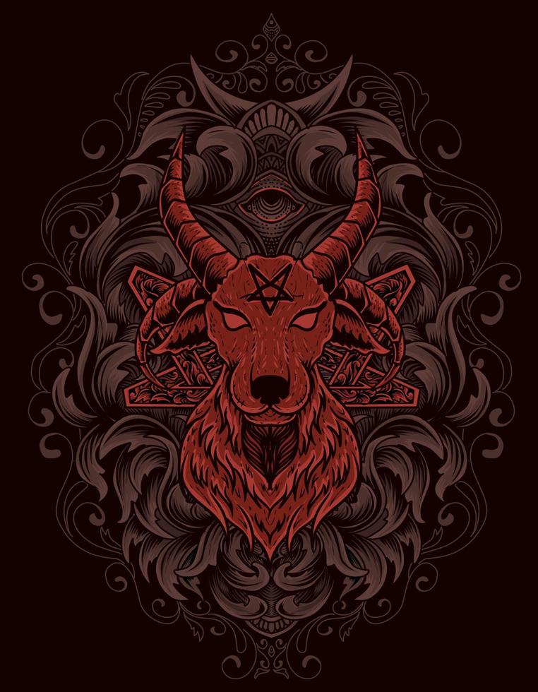 illustration vector scary goat head with vintage engraving ornament