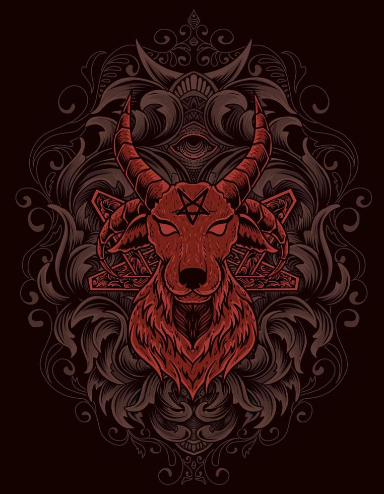 illustration vector scary goat head with vintage engraving ornament