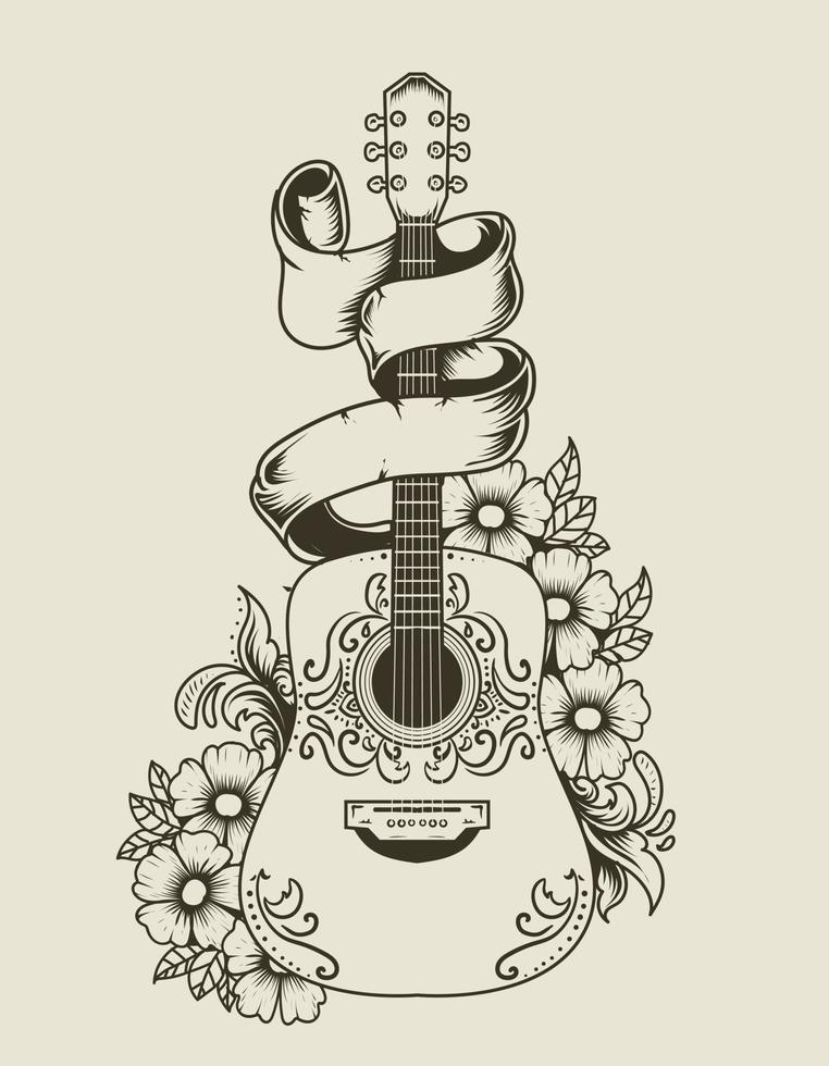 illustration vector acoustic guitar with flower ornament