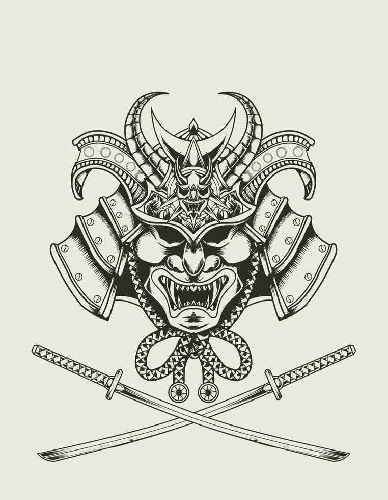 oni maschera samurai, Vintage ▾ logo linea arte concetto nero e bianca  colore, mano disegnato illustrazione 27616168 Arte vettoriale a Vecteezy