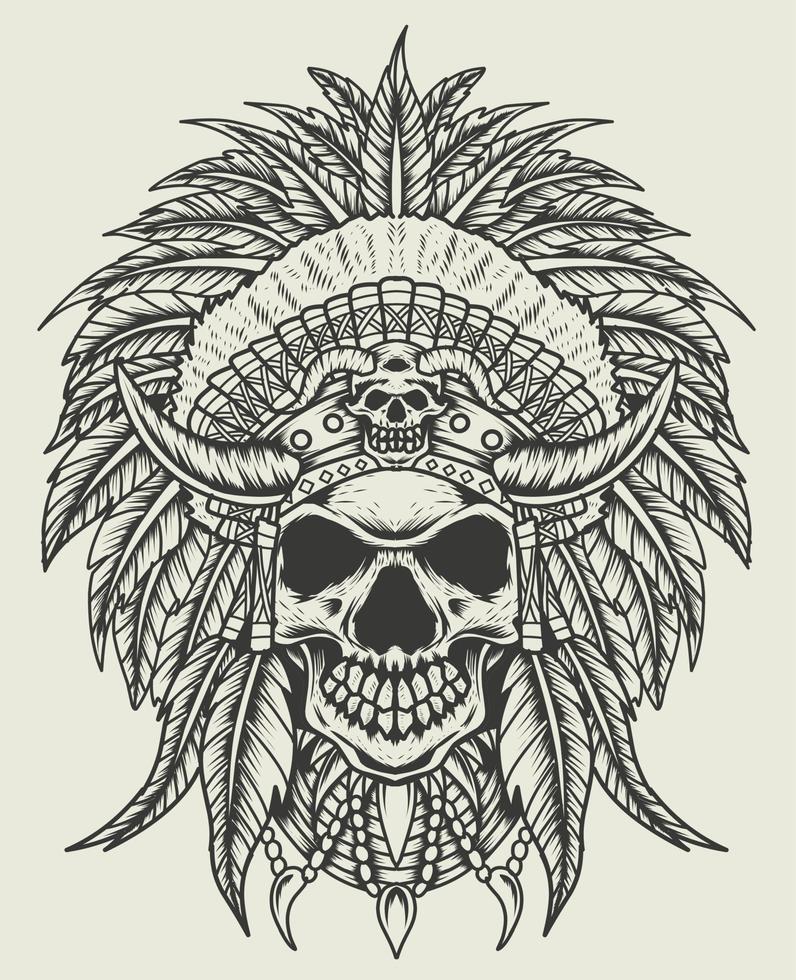 ilustración, vector, indio, apache, cráneo, cabeza, monocromo, estilo vector