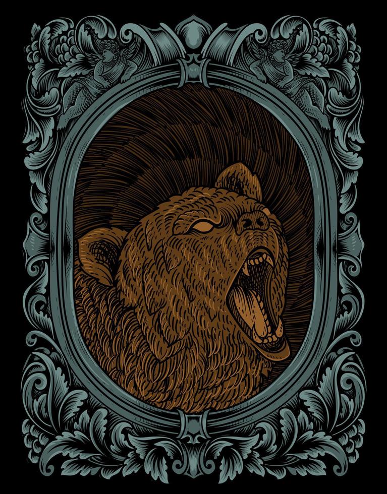 illustration vintage grizzly bear with engraving style vector