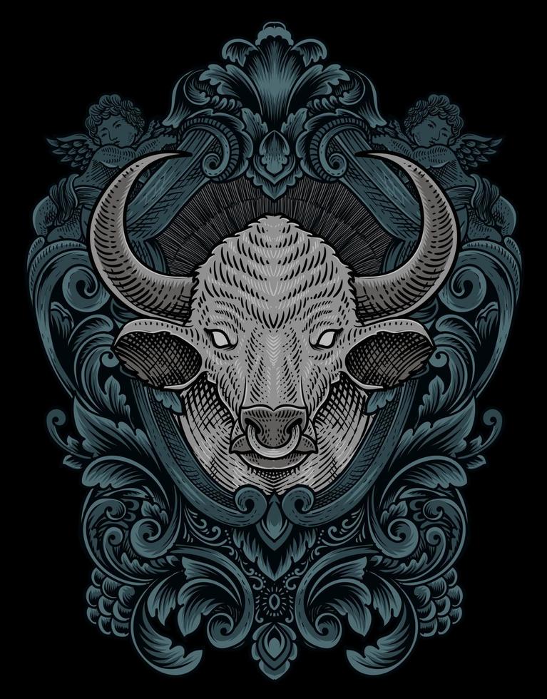 illustration vintage bull with engraving style vector
