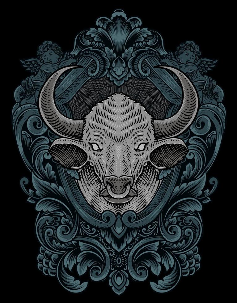 illustration vintage bull with engraving style vector