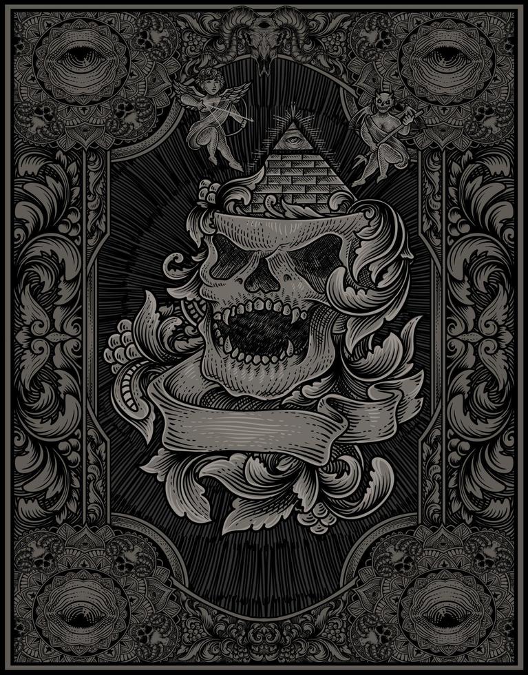 ilustración, cráneo, illuminati, con, vendimia, grabado, ornamento vector