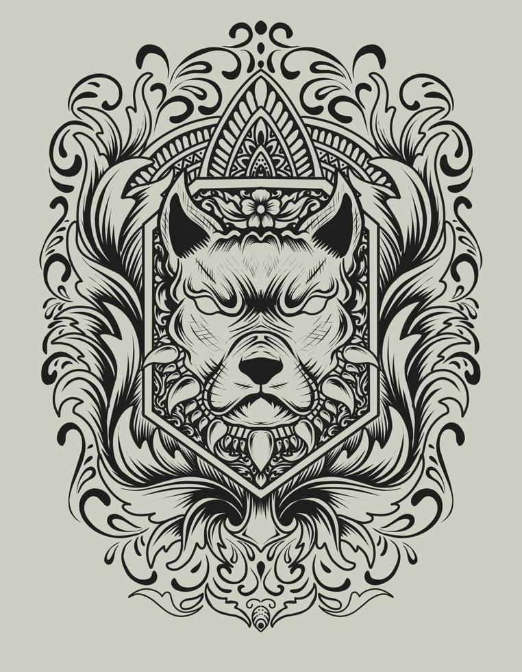 Illustration vector Dog head with vintage engraving ornament