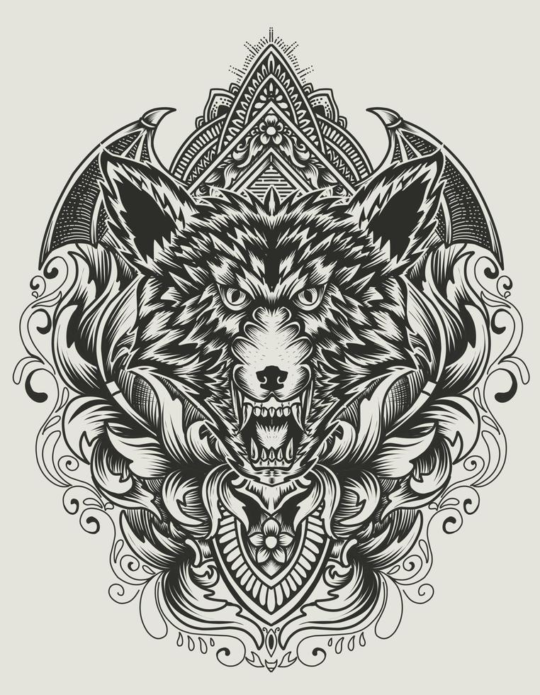 Illustration vector wolf head with vintage engraving ornament