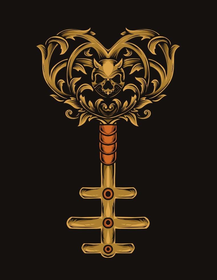 illustration vector antique key ornament skull