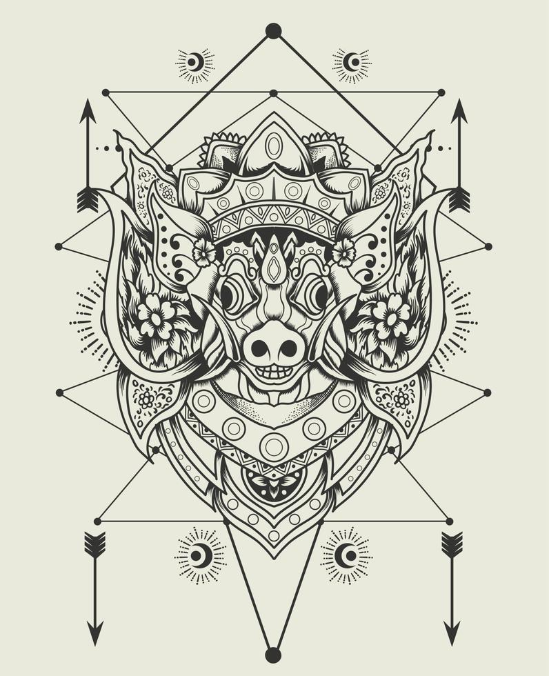 Illustration vector barong bangkung head with sacred geometry