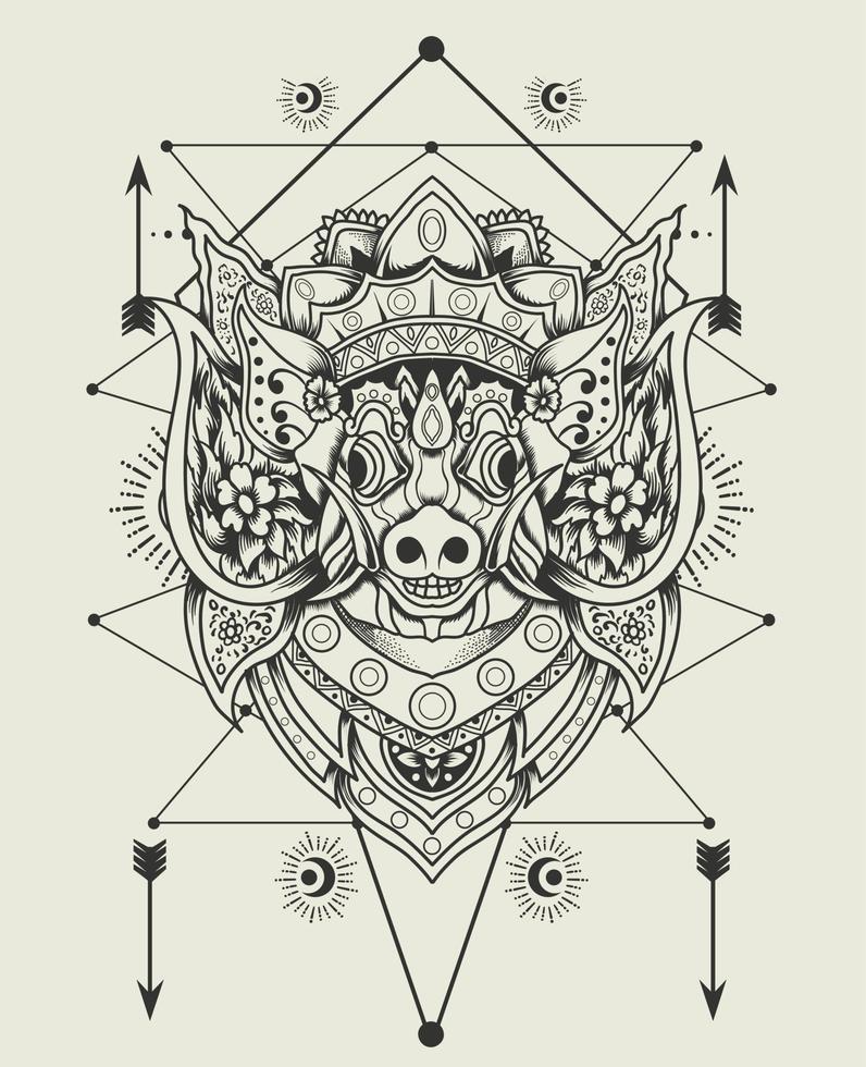 ilustración vectorial barong bangkung cabeza con geometría sagrada vector