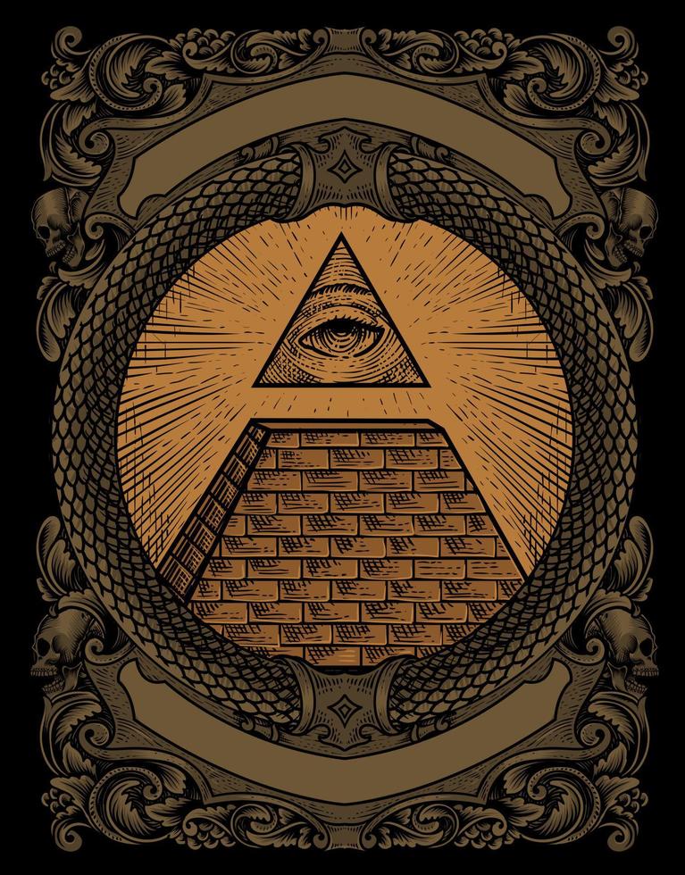 Ilustración de la pirámide illuminati con estilo de grabado vector