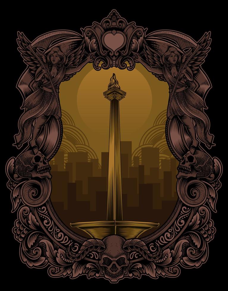Illustration Monas jakarta landmark icon on black background vector