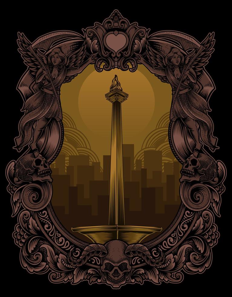 ilustración, monas, jakarta, señal, icono, en, fondo negro vector