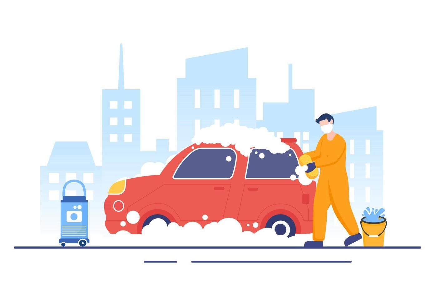 Ilustración de diseño plano de servicio de lavado de coches. Trabajadores lavando automóviles con esponjas, jabón y agua para el fondo, póster o pancarta vector