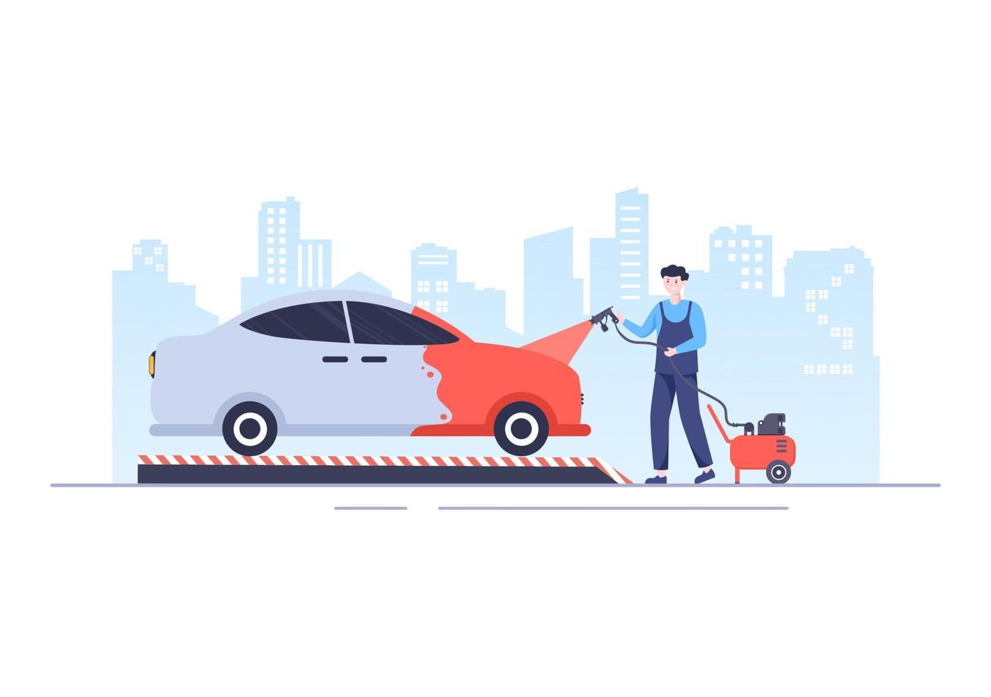 Car Painting Machine with Equipment a Paint, Airbrush or Spray Gun to the Vehicle Body for Give it a New Color in Flat Vector Illustration