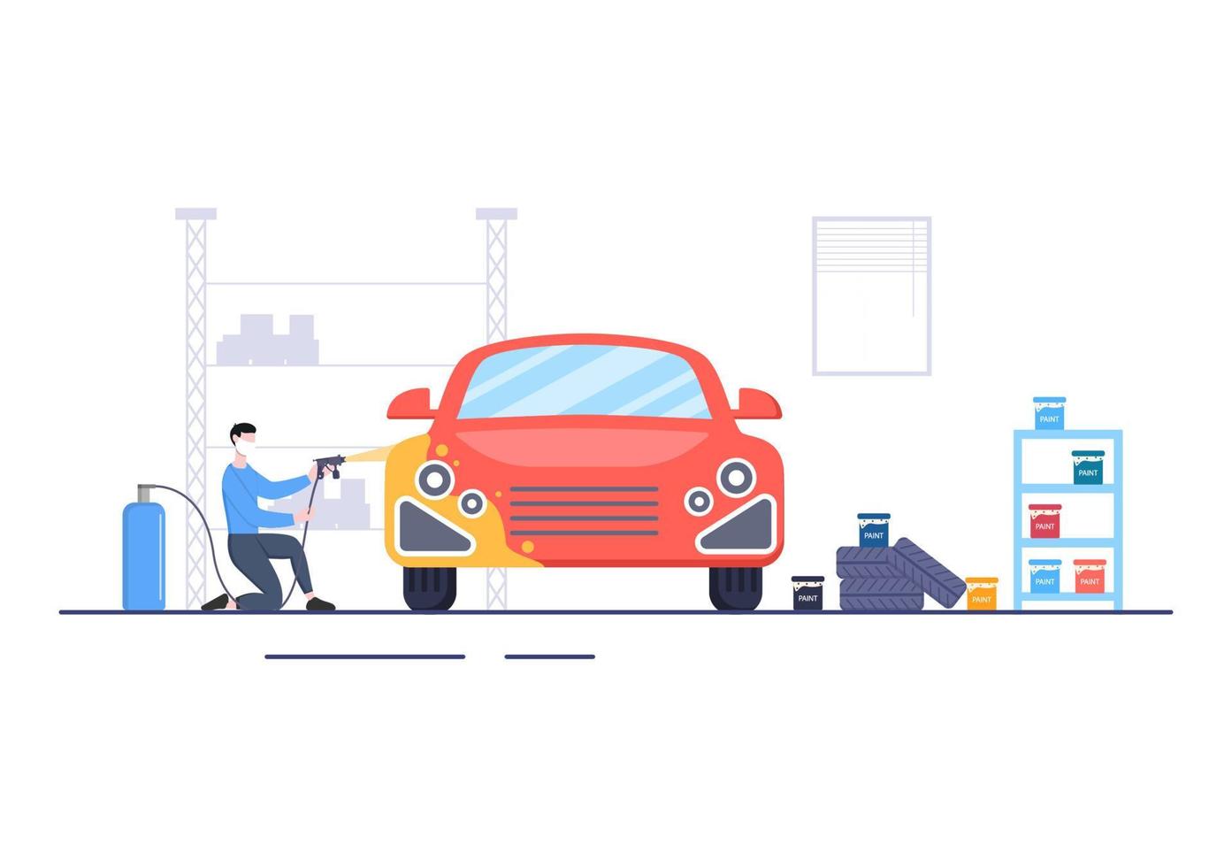 Car Painting Machine with Equipment a Paint, Airbrush or Spray Gun to the Vehicle Body for Give it a New Color in Flat Vector Illustration
