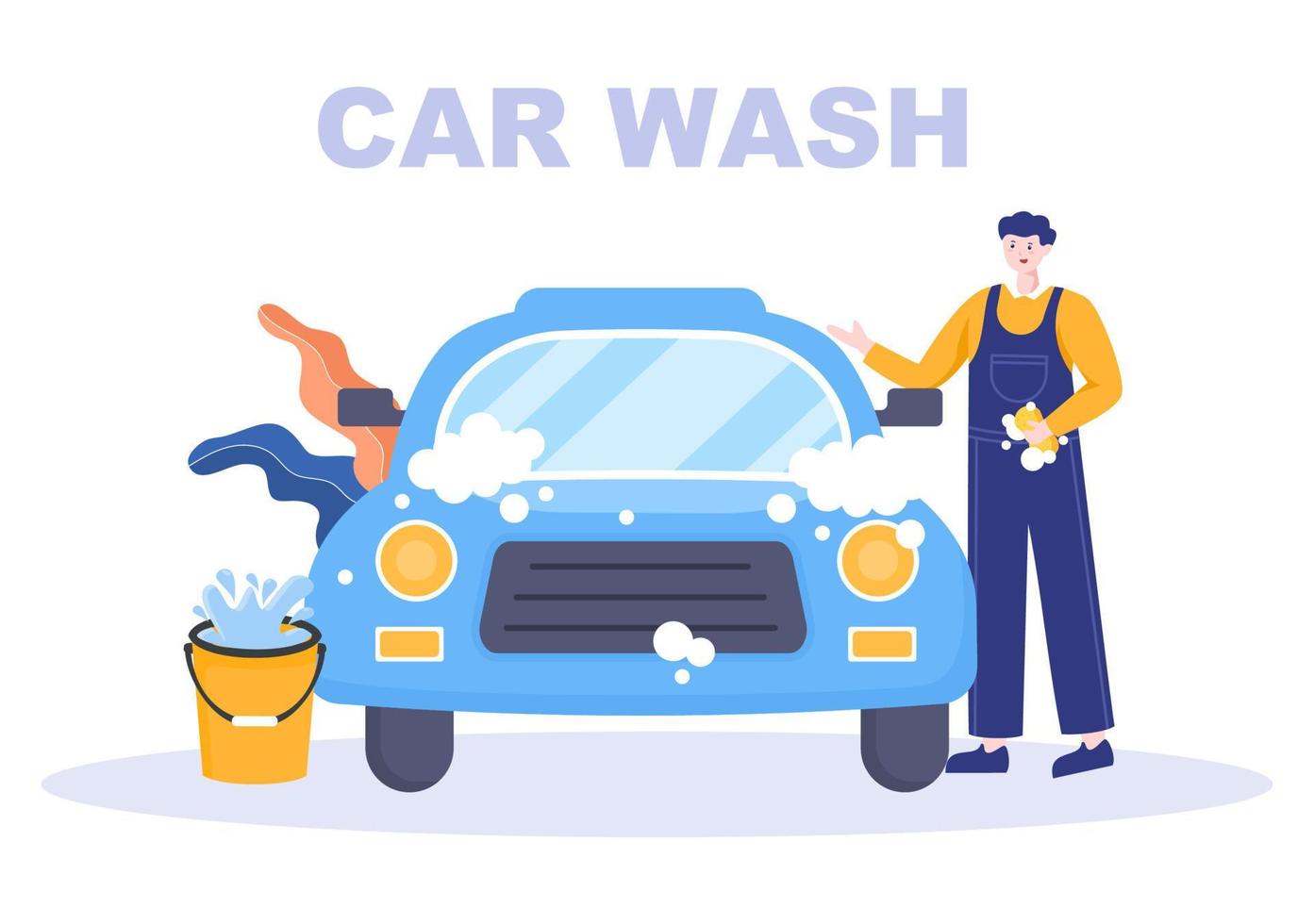 Car Wash Service Flat Design illustration. Workers Washing Automobile Using Sponges Soap and Water for Background, Poster or Banner vector