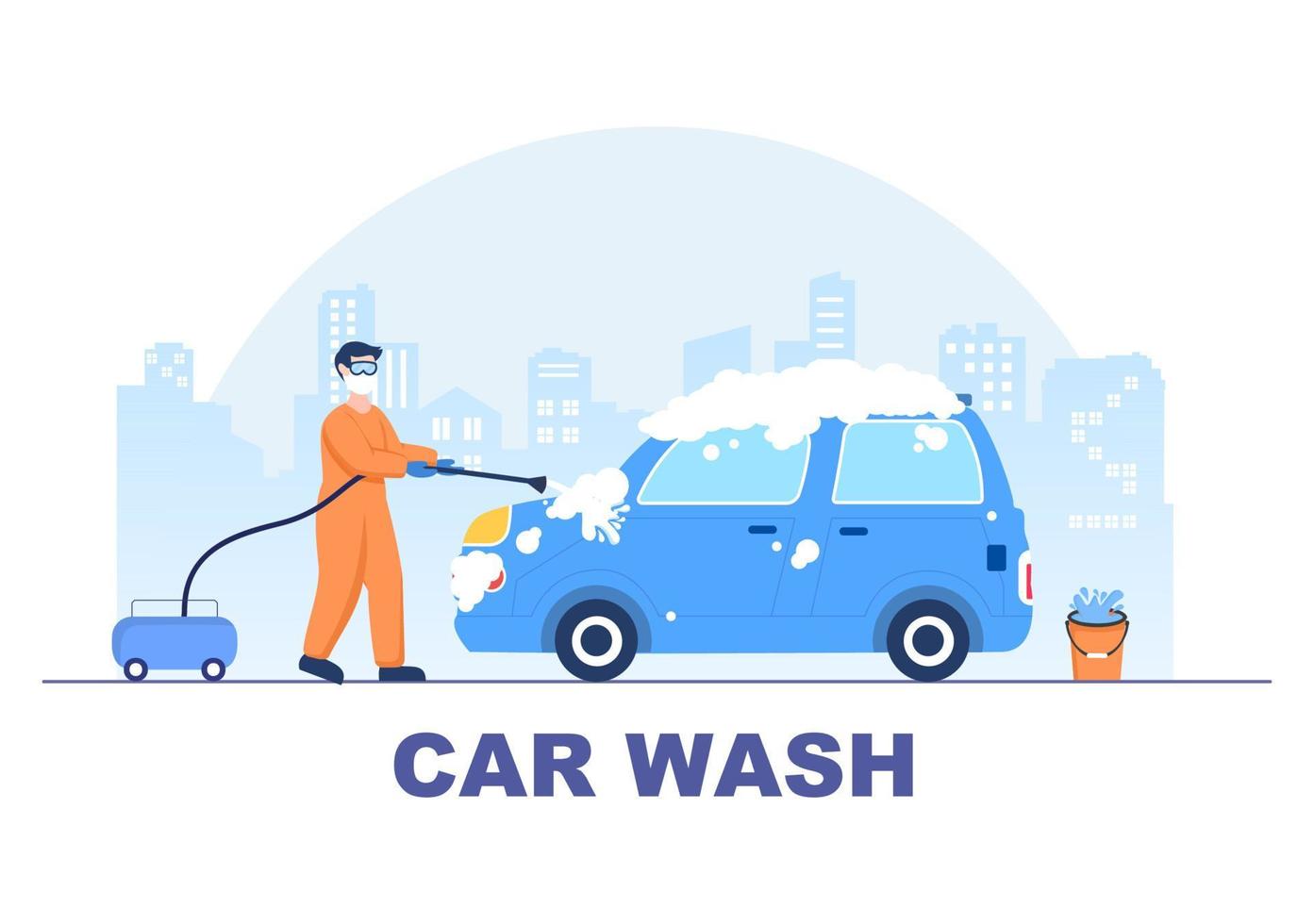 Car Wash Service Flat Design illustration. Workers Washing Automobile Using Sponges Soap and Water for Background, Poster or Banner vector