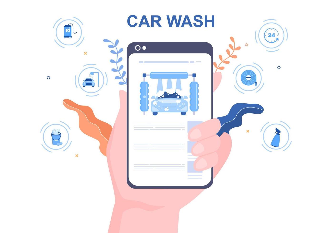 Car Wash Service Online Flat Design illustration. Workers Washing Automobile Using Sponges Soap and Water for Background, Poster or Banner vector