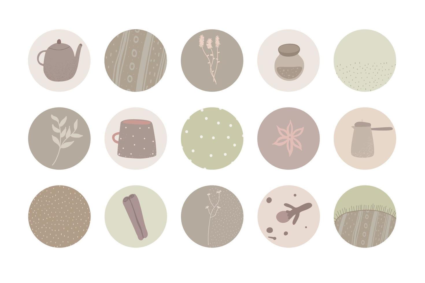 set of round icons for social media stories. Abstract various highlight covers with cozy, cute and home objects,  boho style. vector