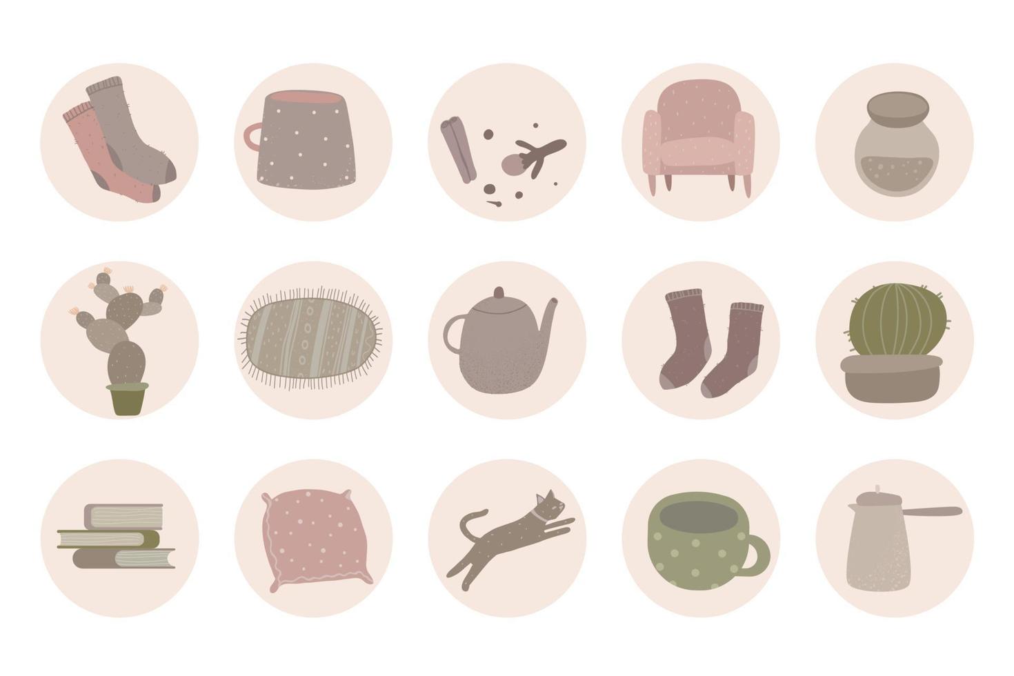 set of round icons for social media stories. Abstract various highlight covers with cozy, cute and home objects,  boho style. vector