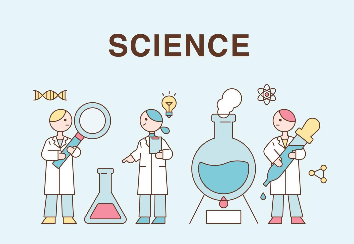 Cute scientists are standing with large experimental equipment. vector