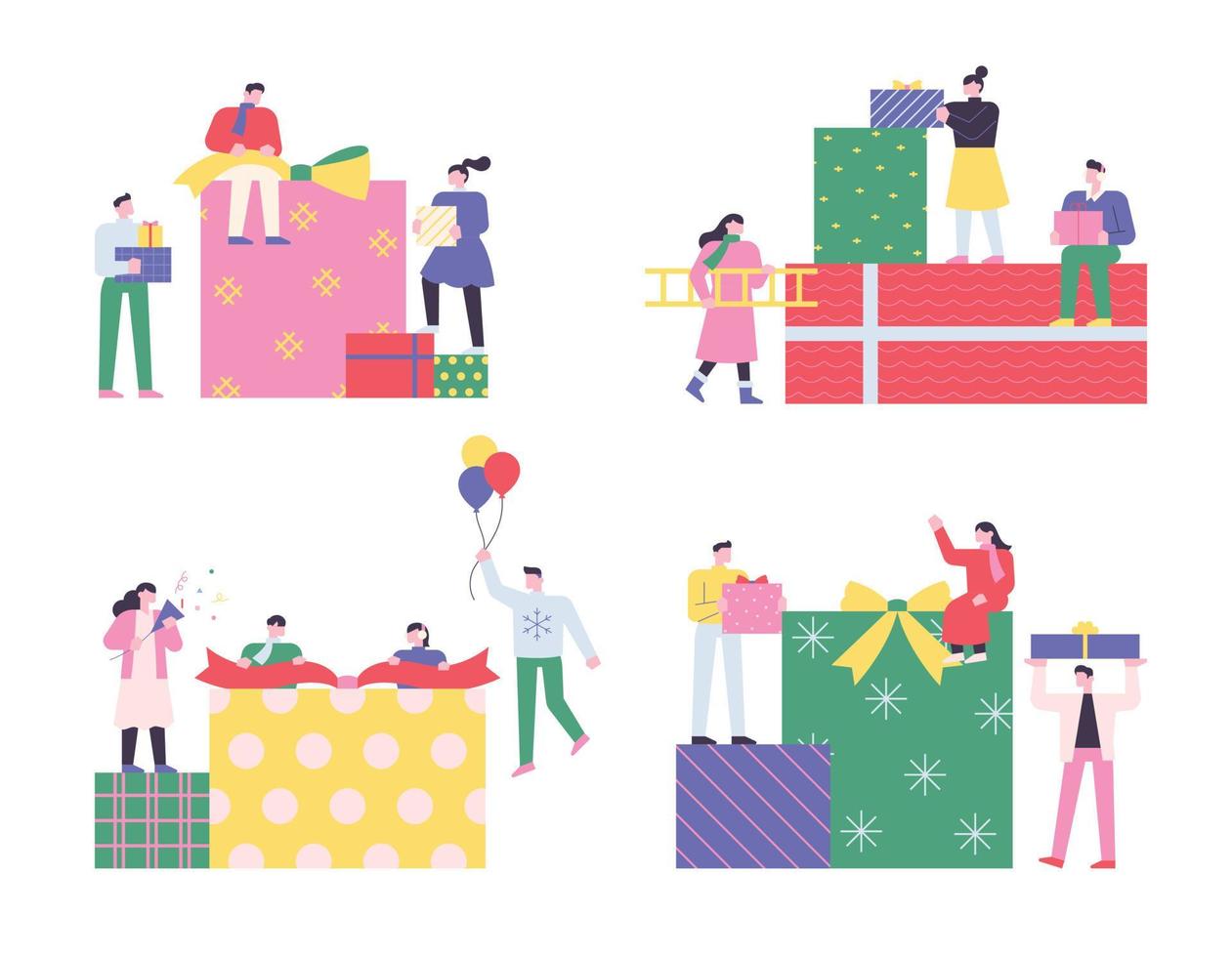 People are stacking gift boxes around huge gift boxes. vector