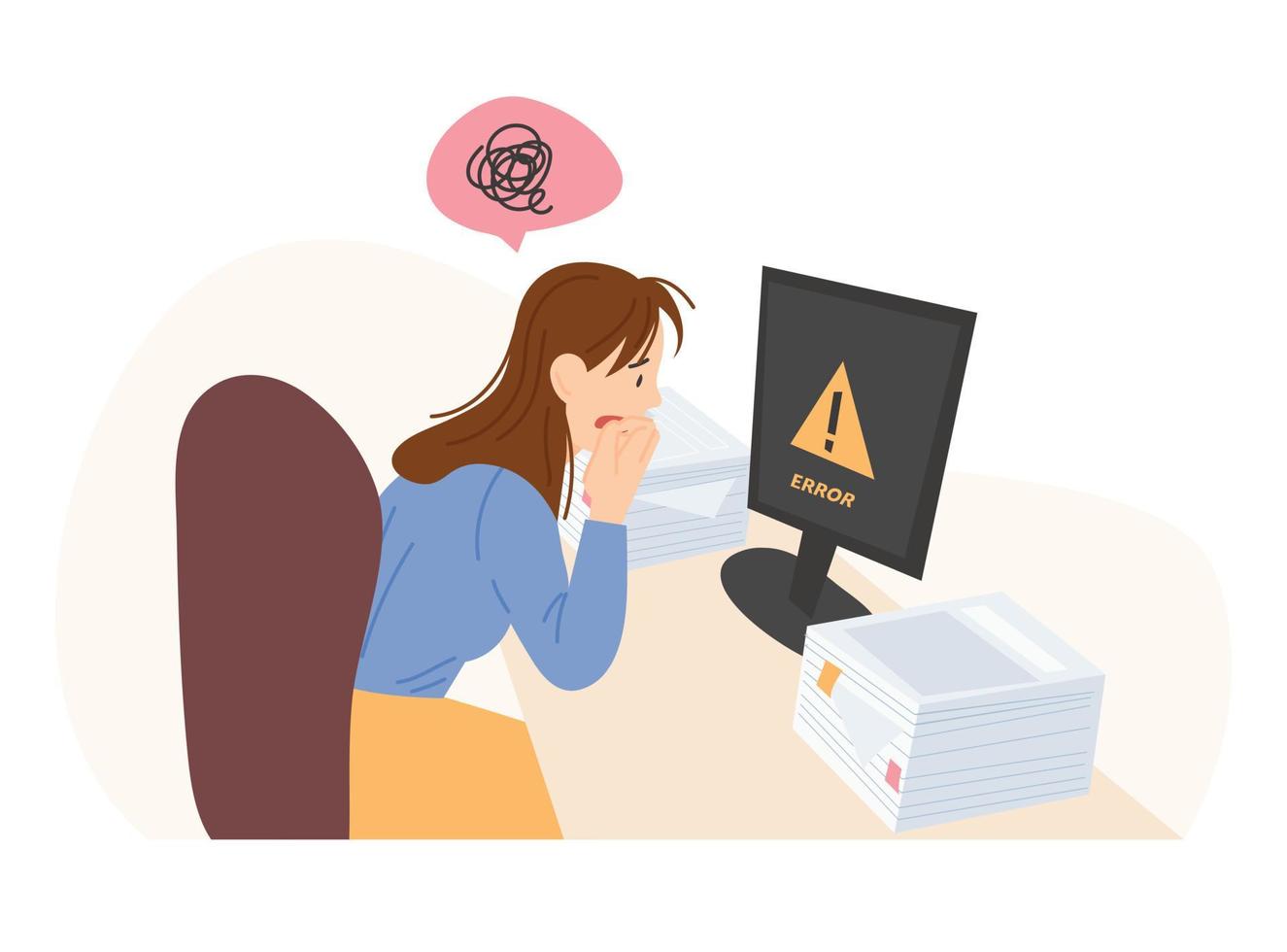 A business woman is looking at a computer with errors. vector