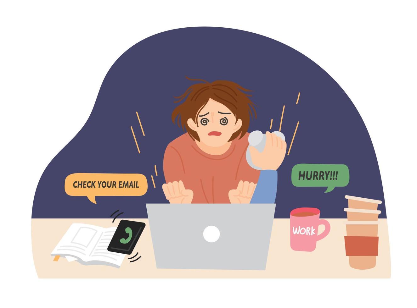 A business woman is working frantically late at night. vector