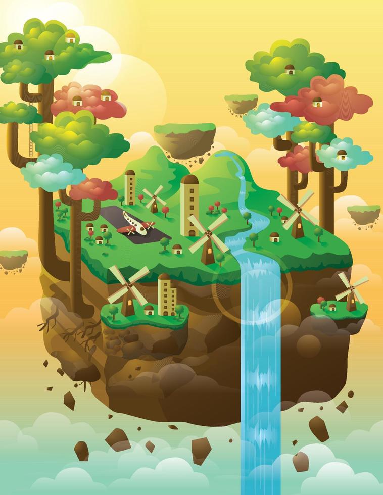 Ilustración de isla flotante con árboles, molino de viento, casas y cascada. vector