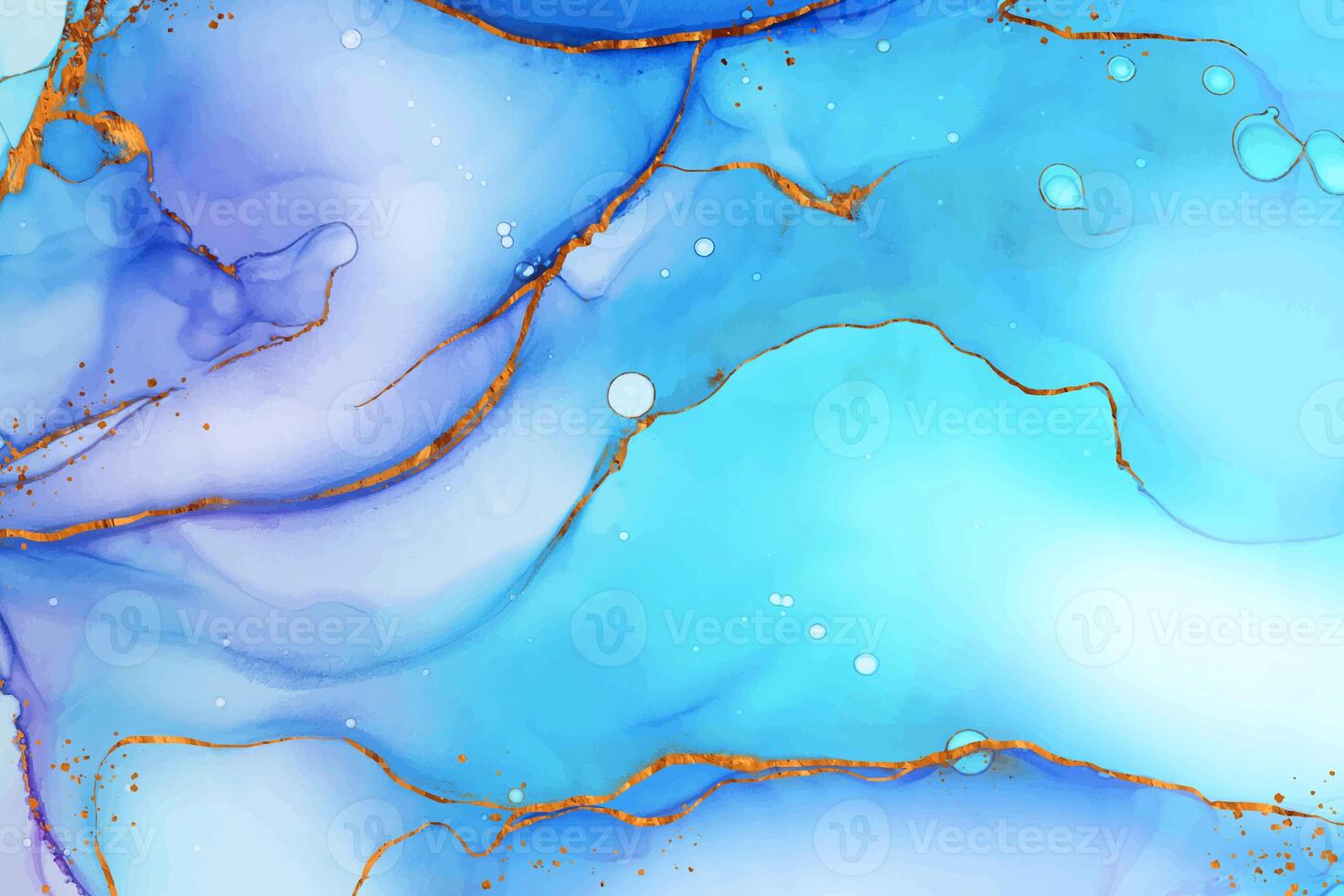 abstract light blue sea fluid ink painting glowing gold transparent natural marble technique on white. photo