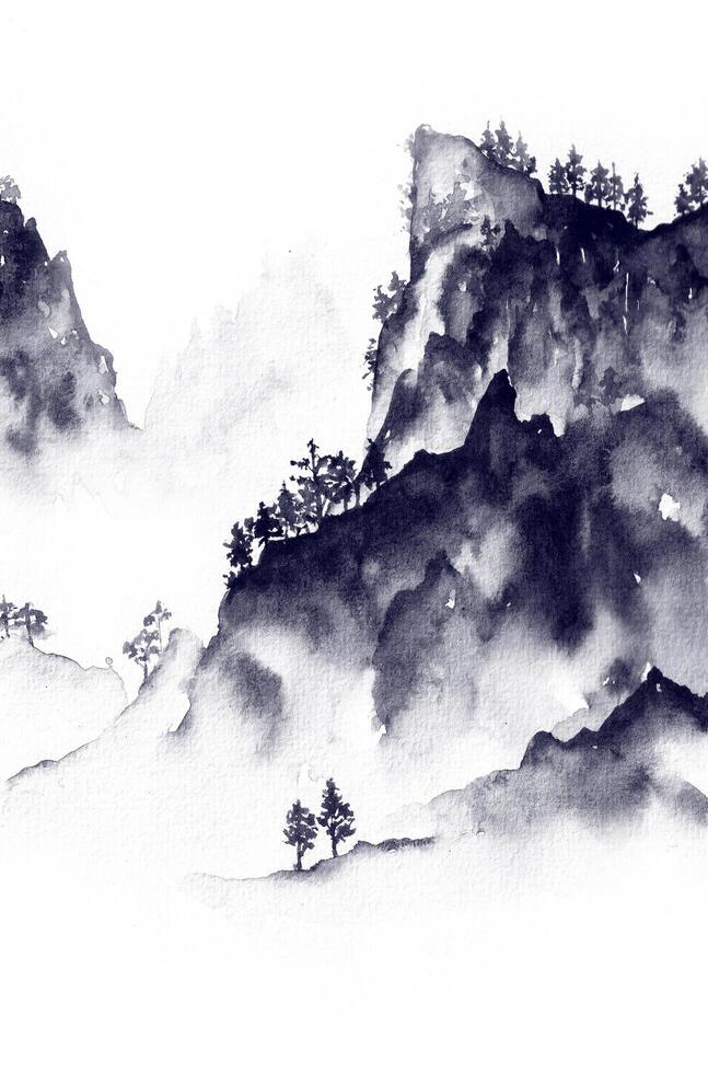 landscape painting of mountains and valleys in Chinese style. Natural landscapes are painted in black ink for backgrounds, prints, room decorations, natural designs, etc. photo