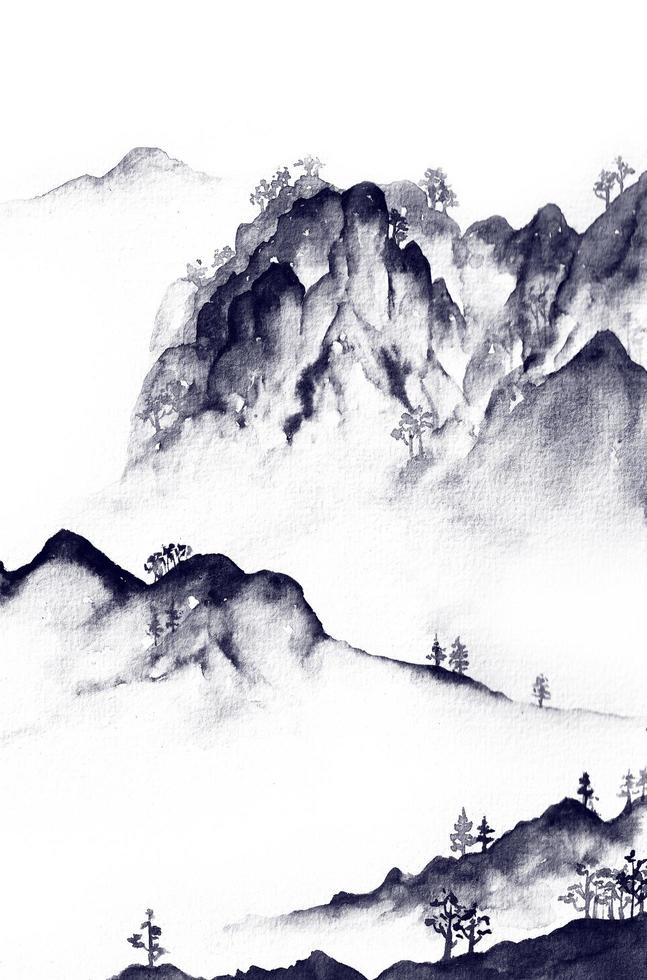 landscape painting of mountains and valleys in Chinese style. Natural landscapes are painted in black ink for backgrounds, prints, room decorations, natural designs, etc. photo