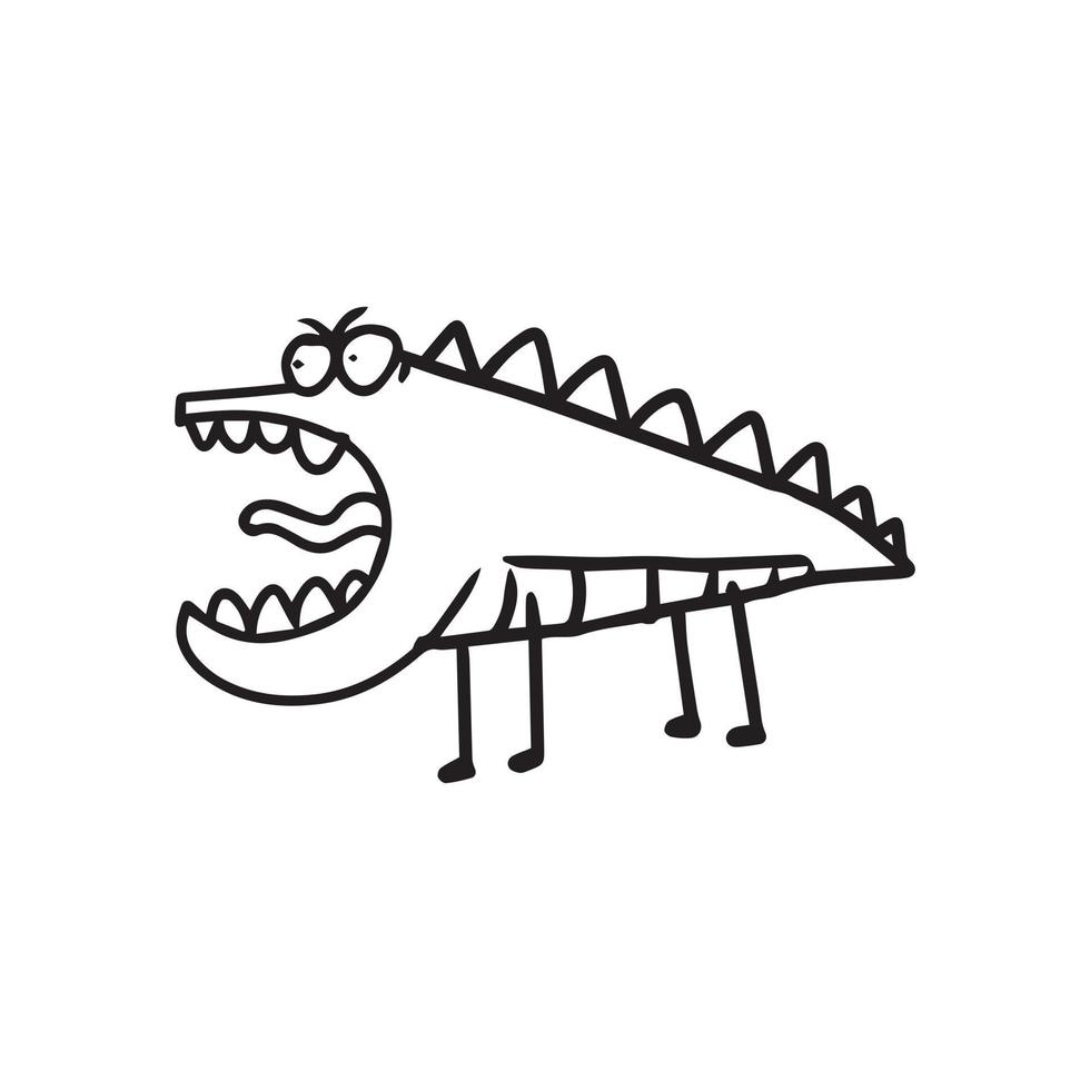 a hand drawn illustration of an angry crocodile monster. cute doodle cartoon drawing of a fantasy character in uncolored style. a funny element design. vector