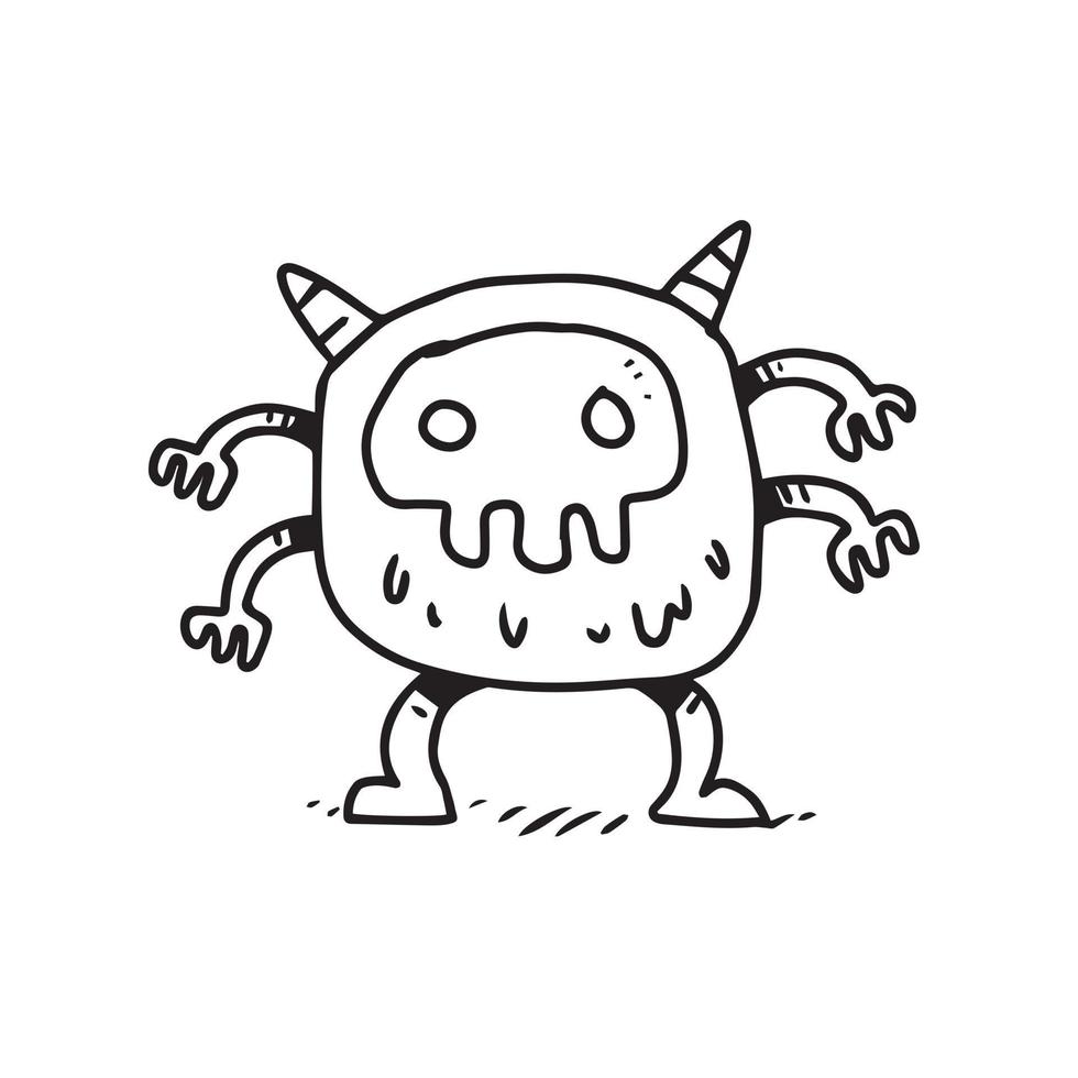 a hand drawn illustration of a cute monster with mask and four hands. cute  doodle cartoon drawing of a fantasy character in uncolored style. a funny  element design. 4681962 Vector Art at