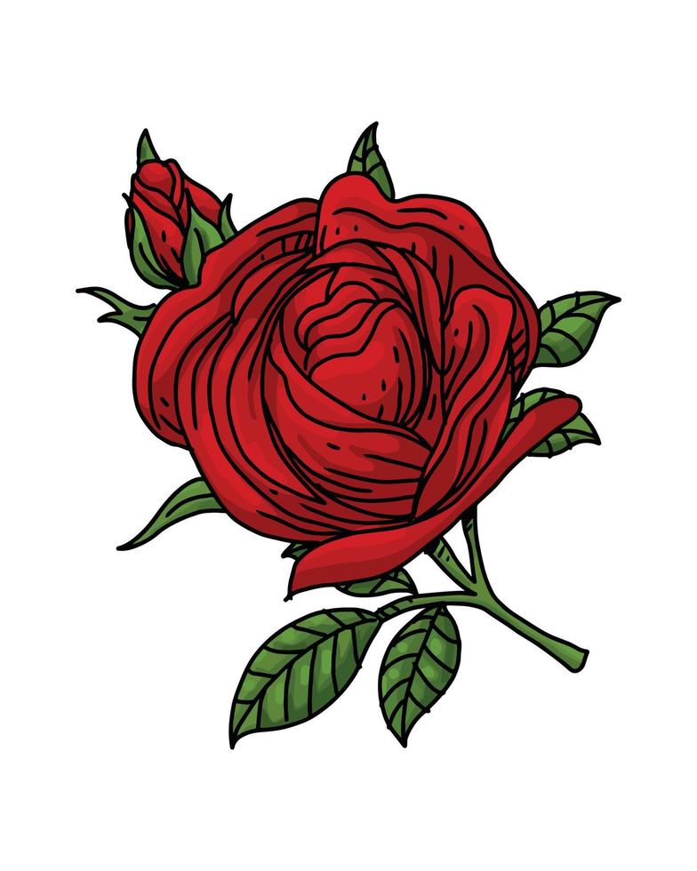 a beautiful illustration of a red rose. a blooming rose with green leaves isolated on white for element design. a vector art for wedding invitation, romantic event, greeting card, etc.