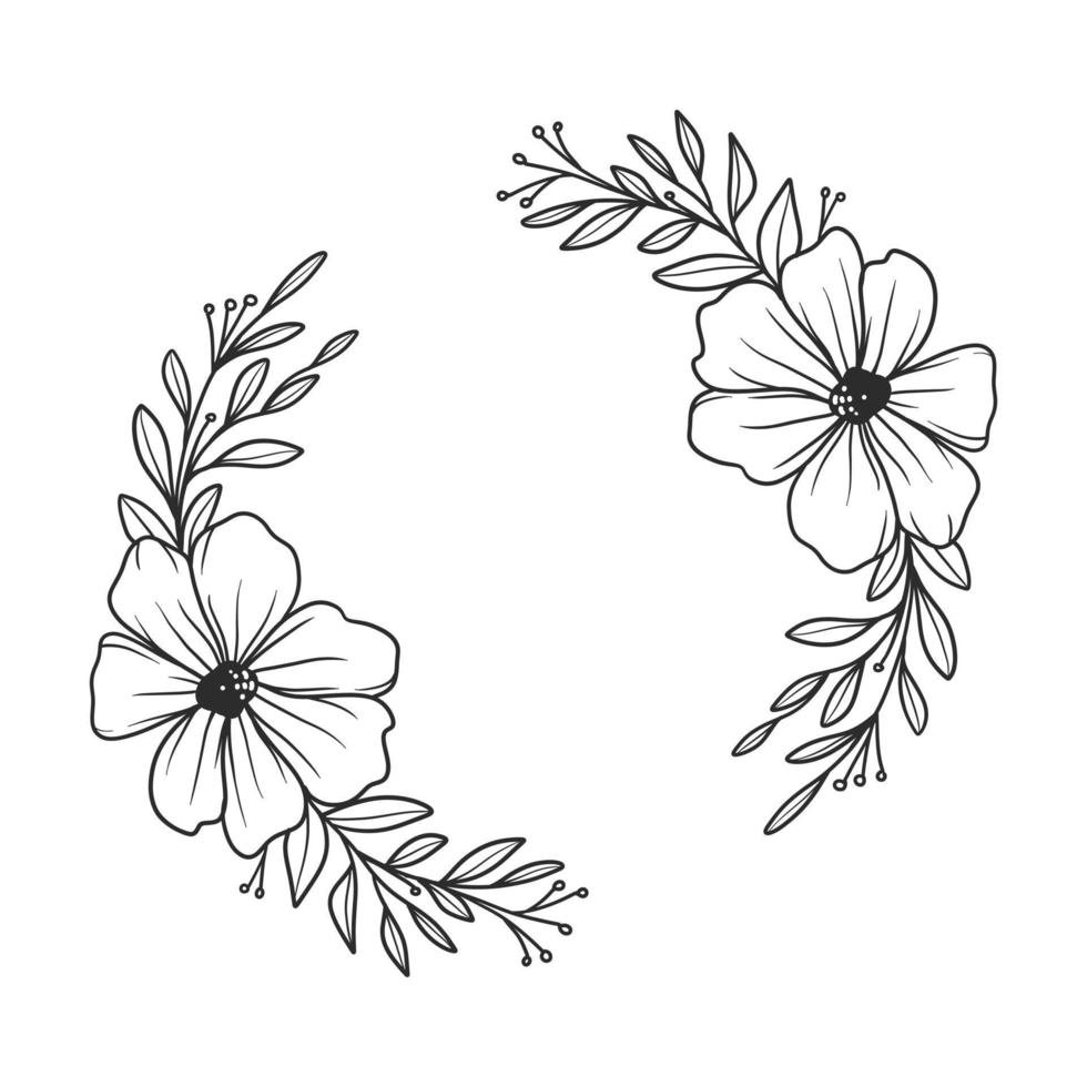 una ilustración dibujada a mano de corona floral. un hermoso marco decorativo para invitación de boda y letras. un vector vintage con adornos de flores y hojas.