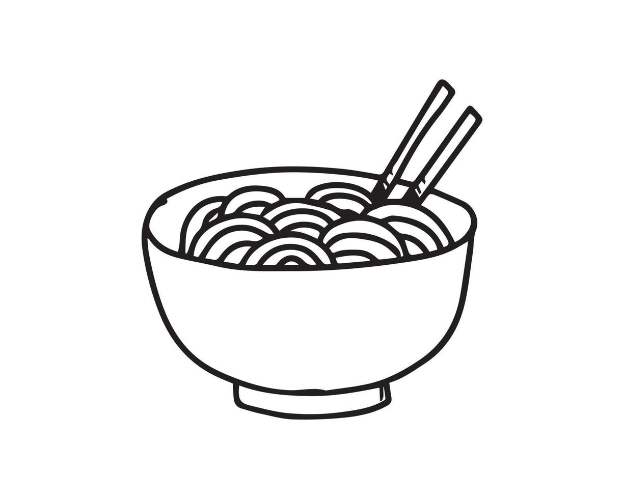 a bowl of noodles illustrated in hand drawn style. a food illustration isolated on white. uncolored drawing of the eastern dish suitable for decorative element design. vector