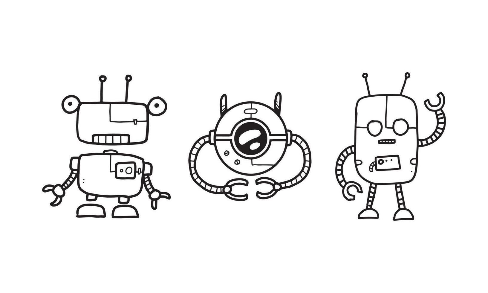 funny futuristic robots cartoon set isolated on white background. cute colorless robot illustration hand drawn in vector design.