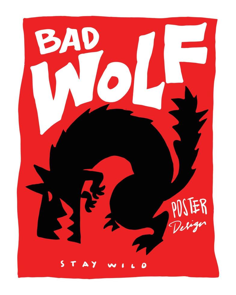 angry wolf poster design on red background. silhouette wild wolf in graphic vector design for poster, flyer, and print. the bad wolf text.