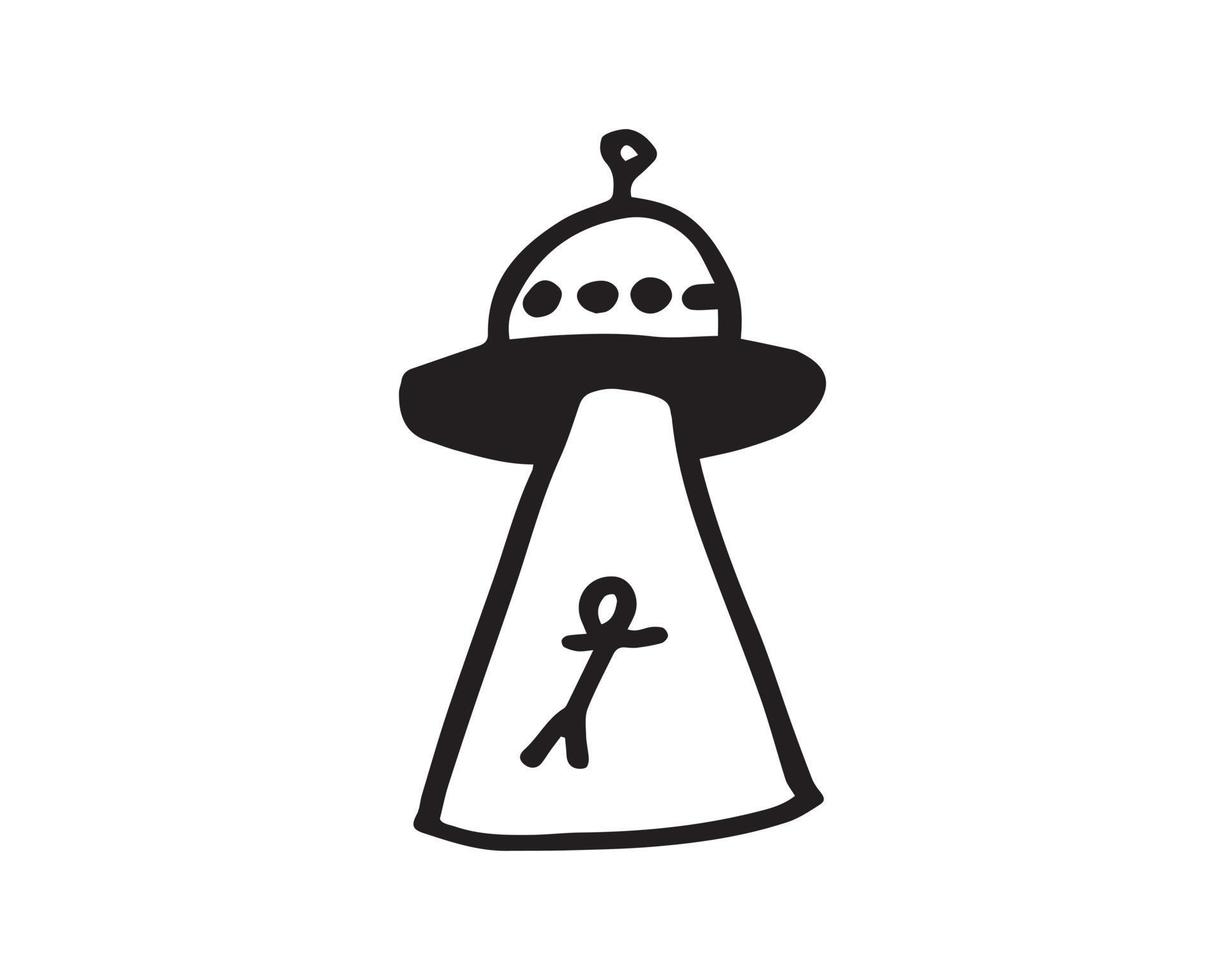 a cute ufo illustration kidnaps a person on earth. a simple ufo hand-drawn in an outline vector style on a white background.