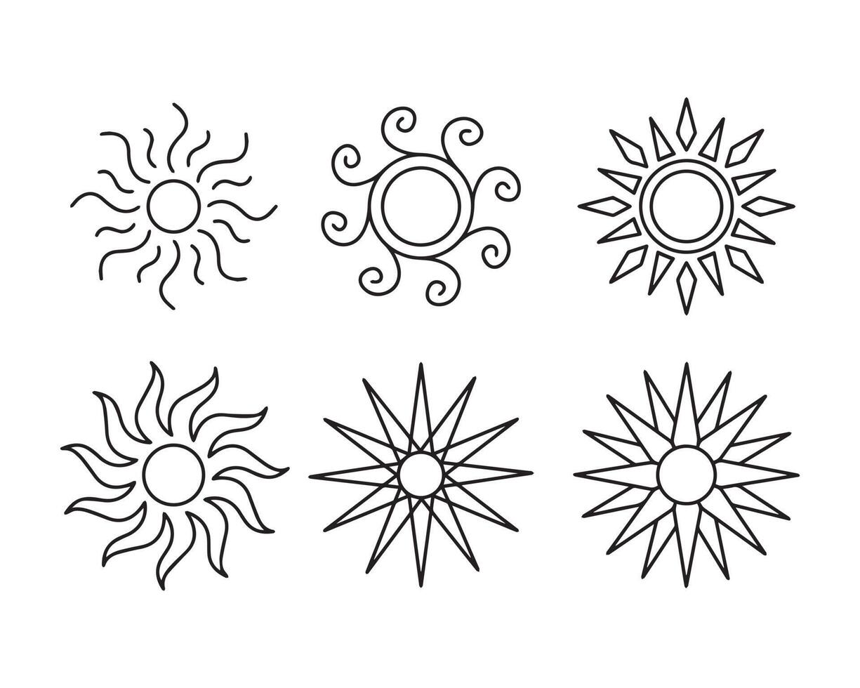 set of the minimalist sun illustrations in an outline style. a simple drawing of the ancient sun symbol for creative design. vector