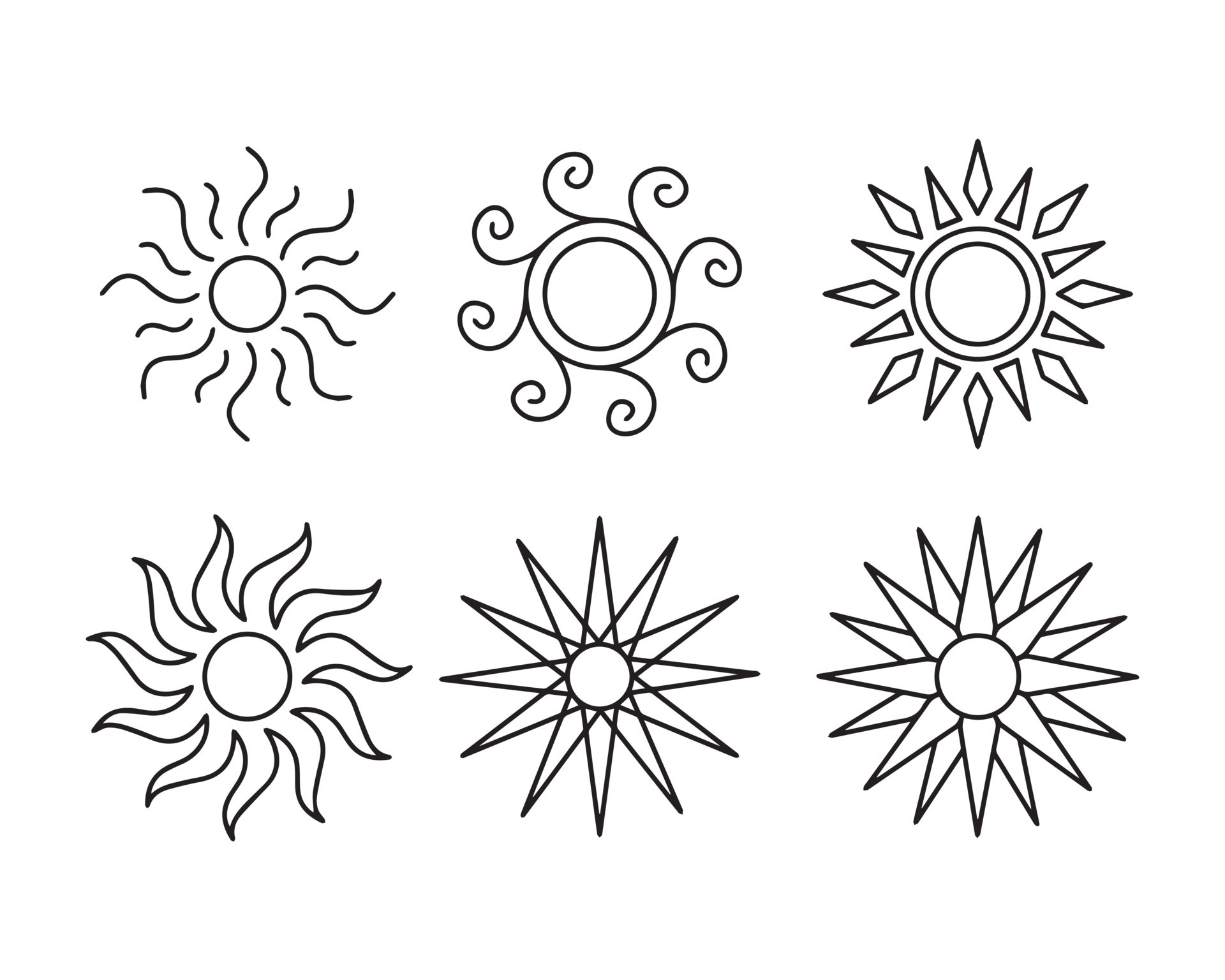 set of the minimalist sun illustrations in an outline style. a simple