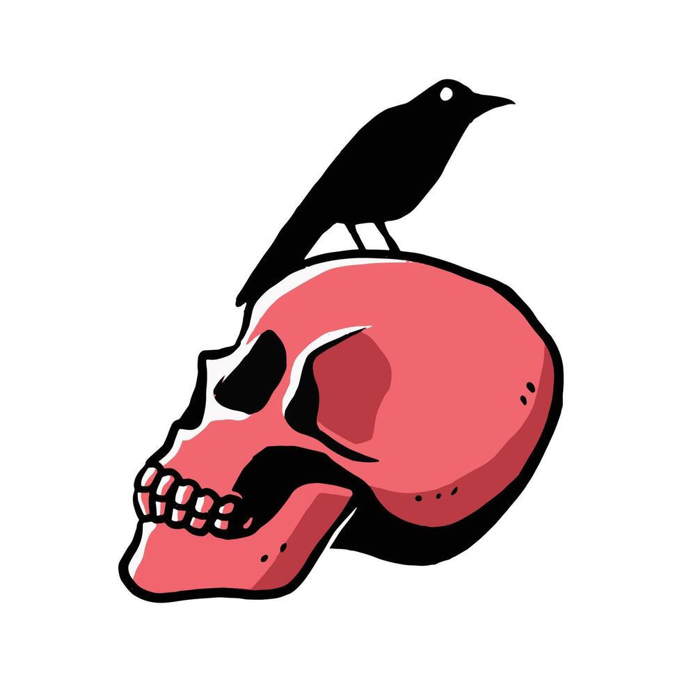 a red head skull and the black raven on top of it. a scary, dangerous, and warn vector illustration in hand-drawn style.