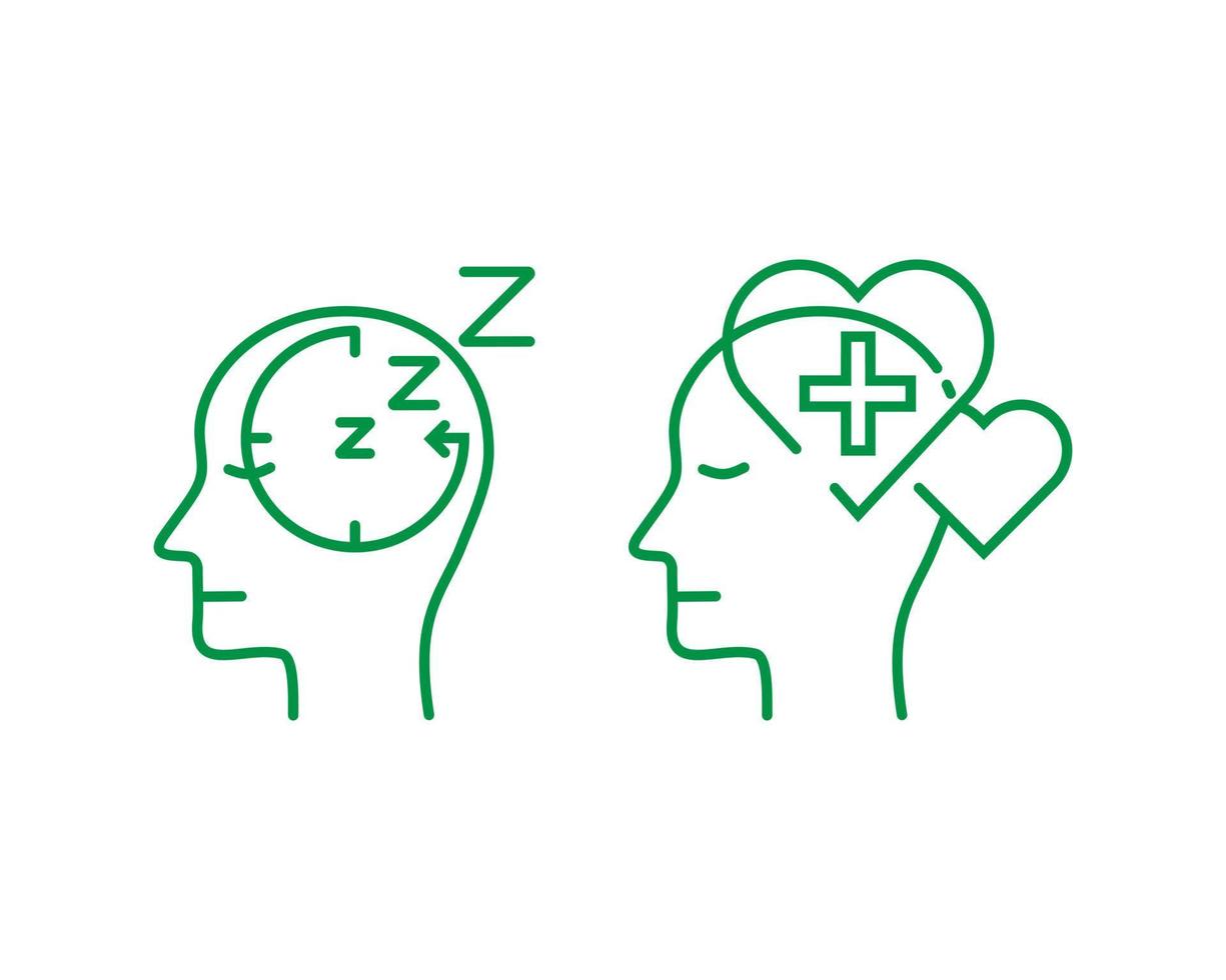 conjunto de iconos de la mente humana en estilo de contorno delgado. durmiendo y curando. el diseño de atributos de psicología de la salud mental. Ilustración de vector logo simple y moderno.
