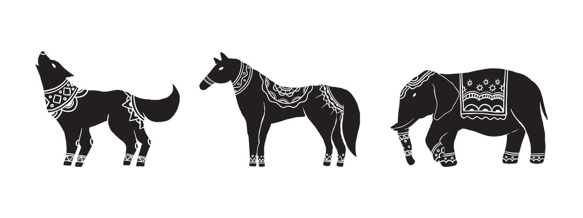 el objeto abstracto en los estilos escandinavos contemporáneos. ilustraciones de vectores de tinta de silueta de lobo, caballo y elefante que tienen algún patrón de adorno en la espalda.